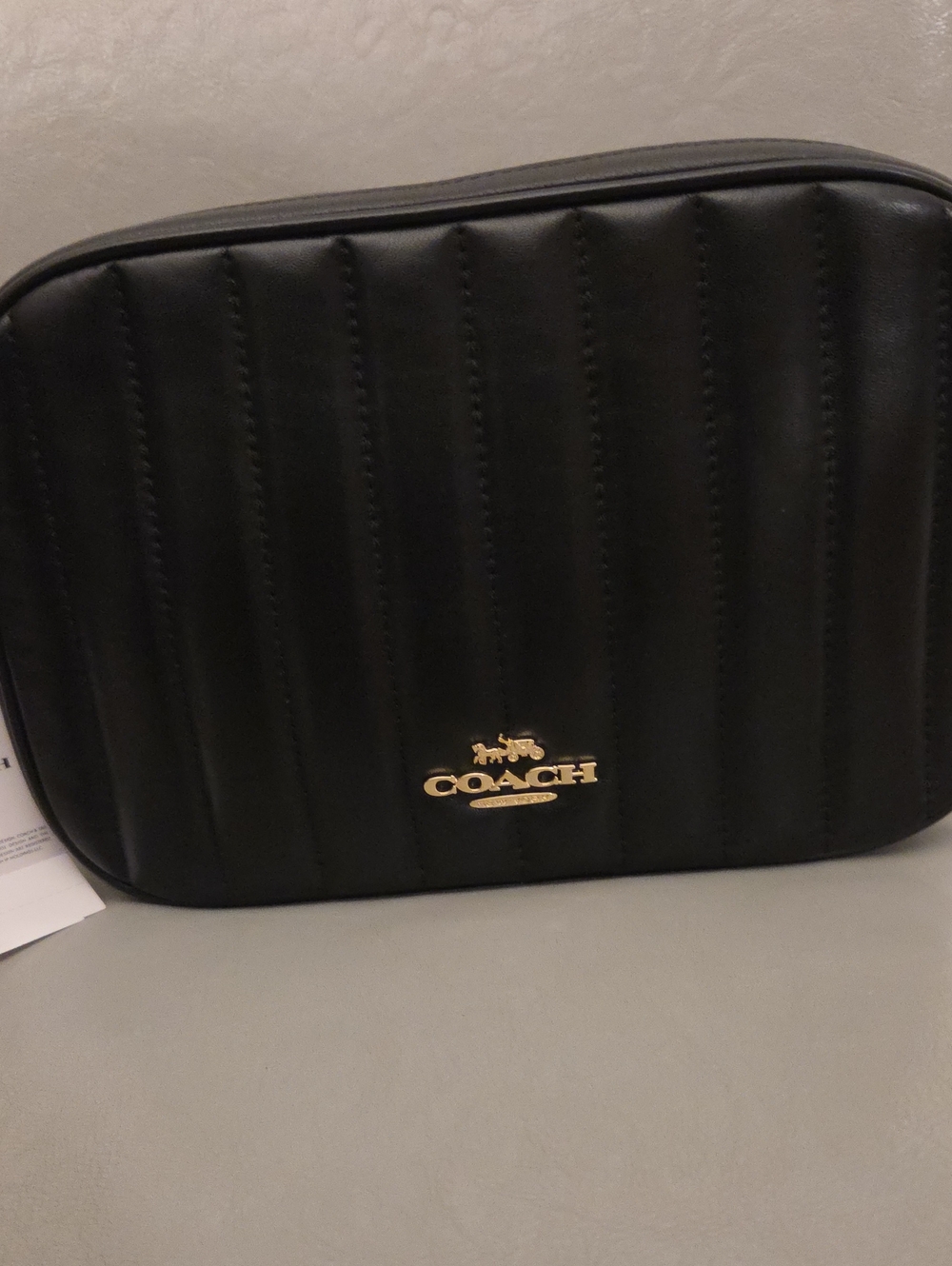 Coach Quilted Vertical-Stitch Crossbody Bag in Black with Gold Logo